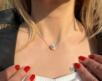 Handmade 12mm Hammered Silver Ball Necklace – Textured Silver Sphere Pendant, Minimalist Jewelry