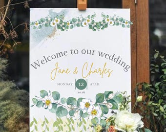 Panneau de bienvenue floral pour mariage | Décoration Eucalyptus verdure (PDF)