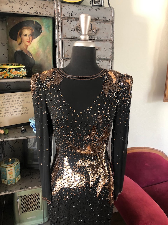 Vintage A.J. Bari 1980's Black Silk Dress with Be… - image 10