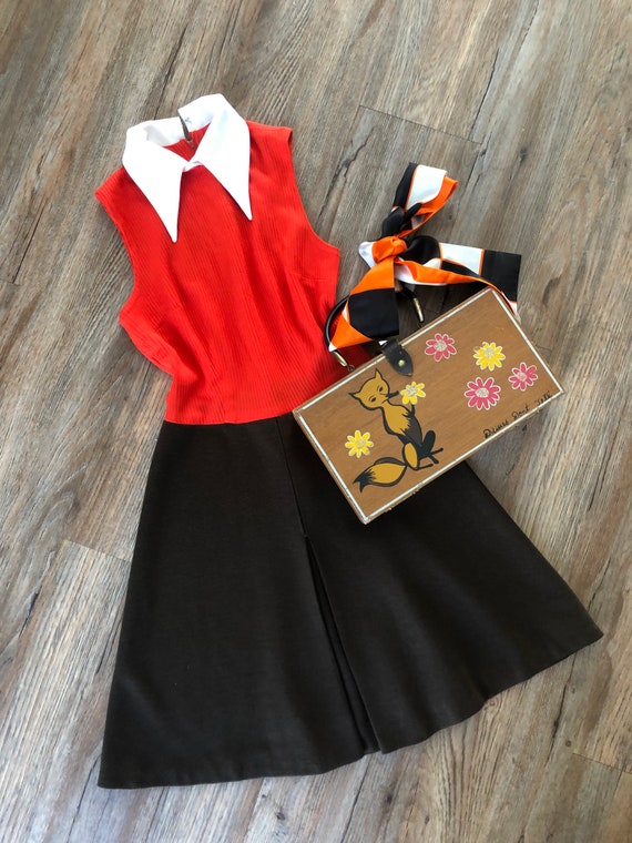 1960's 70's Orange and Brown Mini Dress and XS - image 2