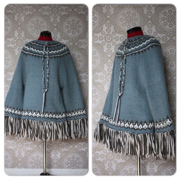 Vintage Blue and Grey Nordic Sweater with Fringe Large
