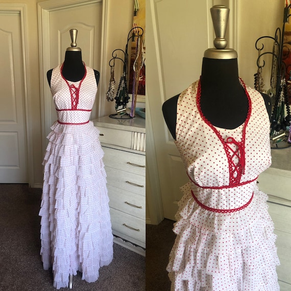Vintage 1970's White Gown with Red Swiss Dot Tiere