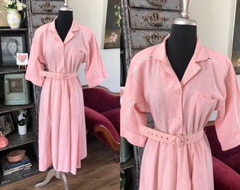 Vintage 1980's does 50's Peachy Pink and White Gingham Cotton Shirtwaist Dress Large