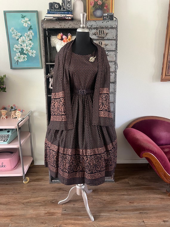 Vintage 1950's Black and Copper Cotton Dress with… - image 7