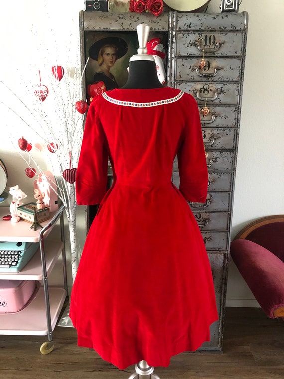 Vintage 1950's Cherry Red Velvet Cocktail Dress S… - image 7