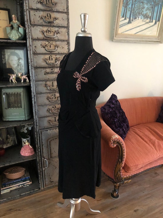Vintage 1940's Black Crepe Rayon Dress with Sequi… - image 8