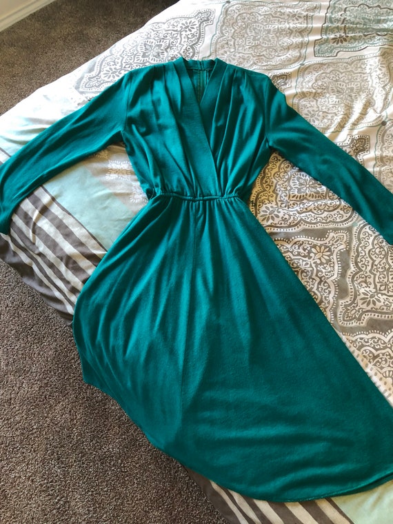 Vintage 1980's Green Jewel Tone Wool Dress Medium - image 3