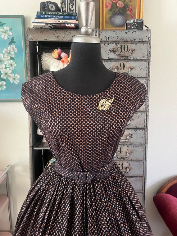 Vintage 1950's Black and Copper Cotton Dress with… - image 5