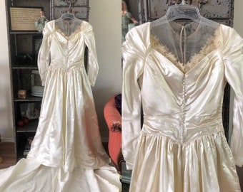 Vintage 1950's Liquid Satin, Strapless Wedding Dress With Train