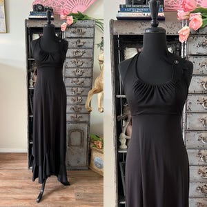 Vintage 1970&#39;s Black Halter Top Maxi Dress with Ruffled Hem S/M