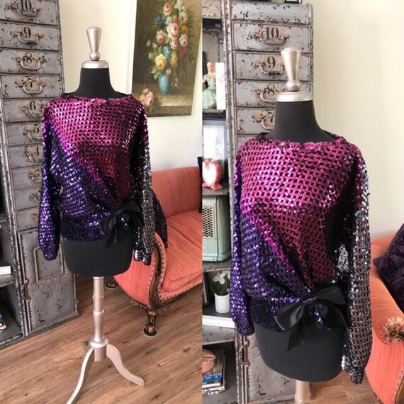 Vintage Sequined Blouse with Bow Size Large