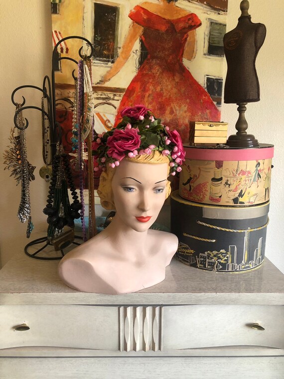 Vintage 1950's 60's Dark Pink Roses Hat