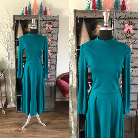 Vintage 1980's Green Jewel Tone Winter Dress Mediu