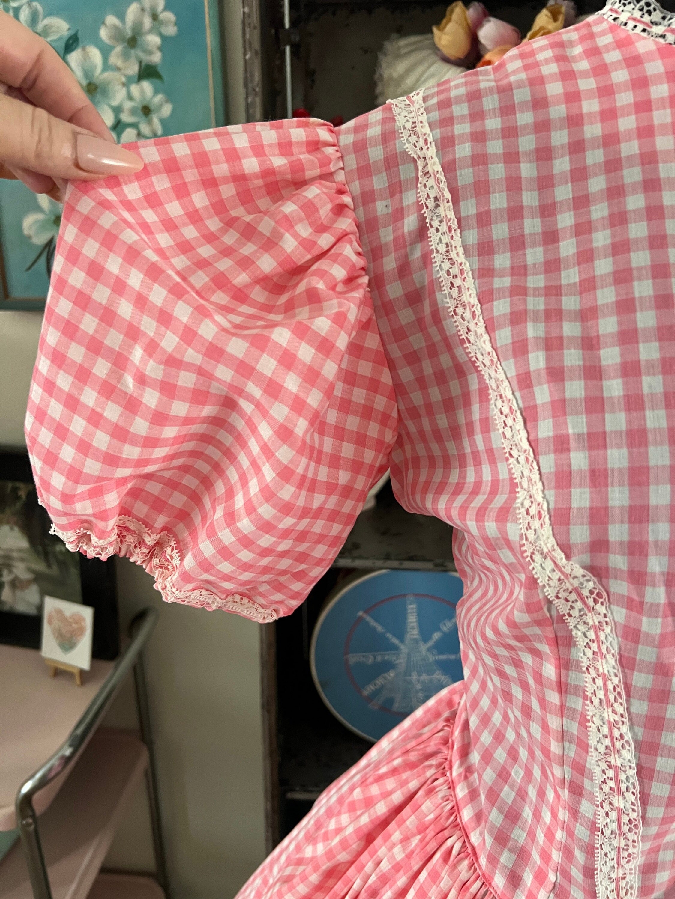 1970's Pink and White Gingham Check Dress With Puffy Sleeves