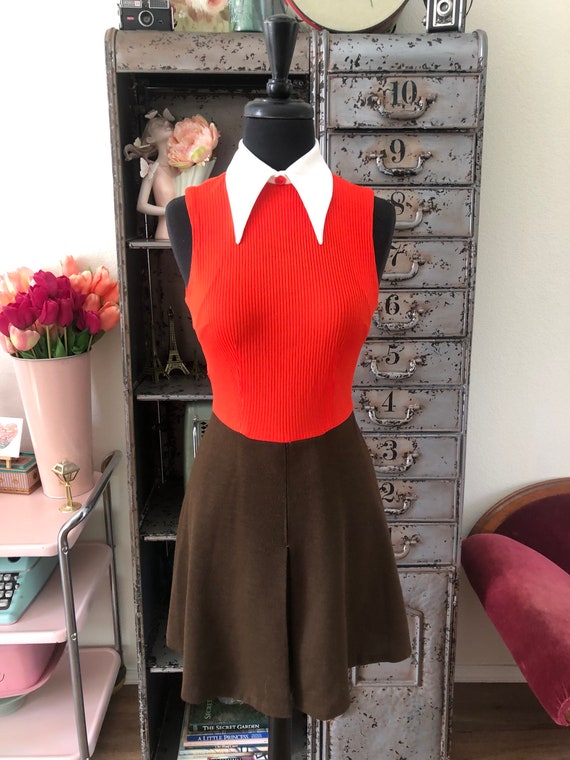 1960's 70's Orange and Brown Mini Dress and XS - image 4