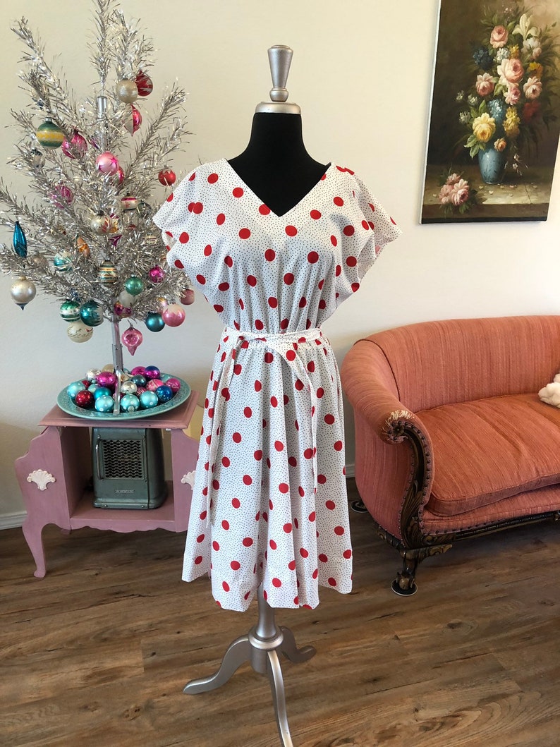 Vintage 1980/'s White and Red Polka Dot Dress LXL