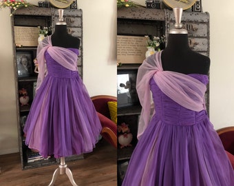 Vintage 1950's Purple and Pale Pink Cocktail Dress with Removable Sash XXS