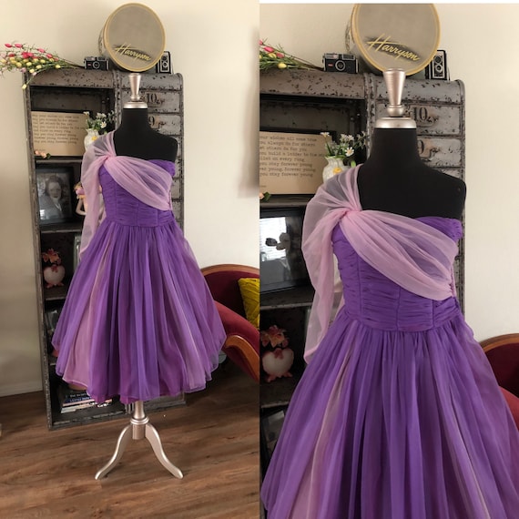 Vintage 1950's Purple and Pale Pink Cocktail Dres… - image 1