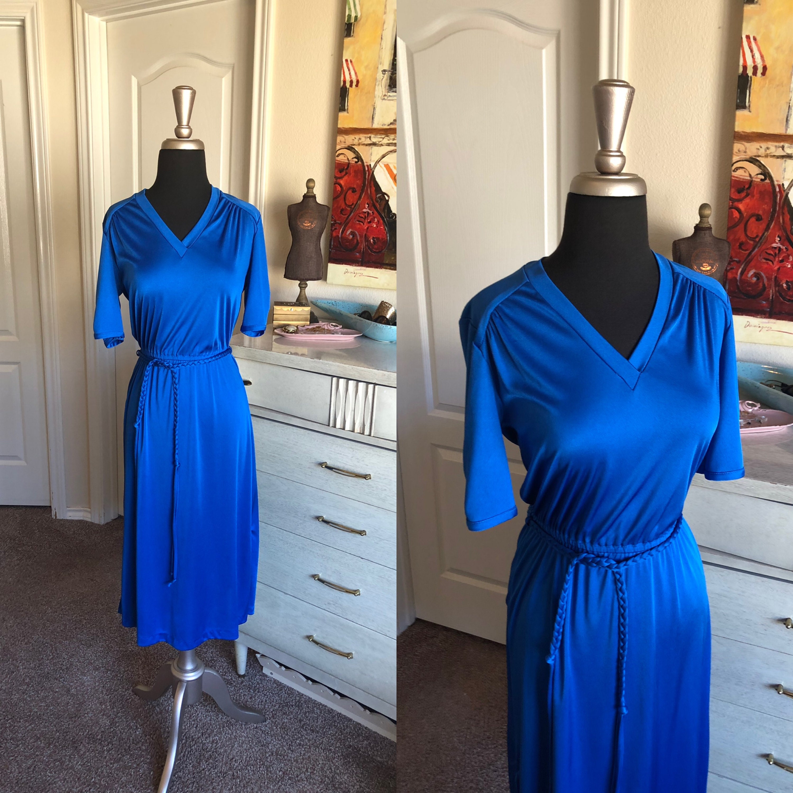 Vintage 1970's Royal Blue Day Dress Medium | Etsy