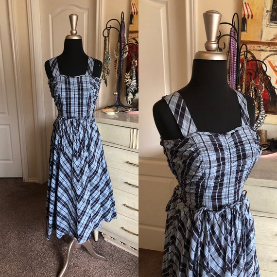 Vintage 1940's 50's Blue Plaid Cotton Sundress XS