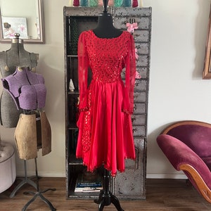 Vintage 1980's Red Satin and Sequin Dress Medium image 2