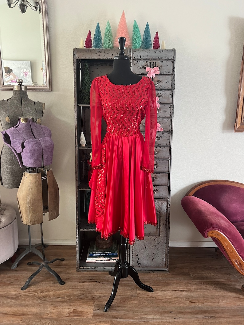 Vintage 1980's Red Satin and Sequin Dress Medium image 2
