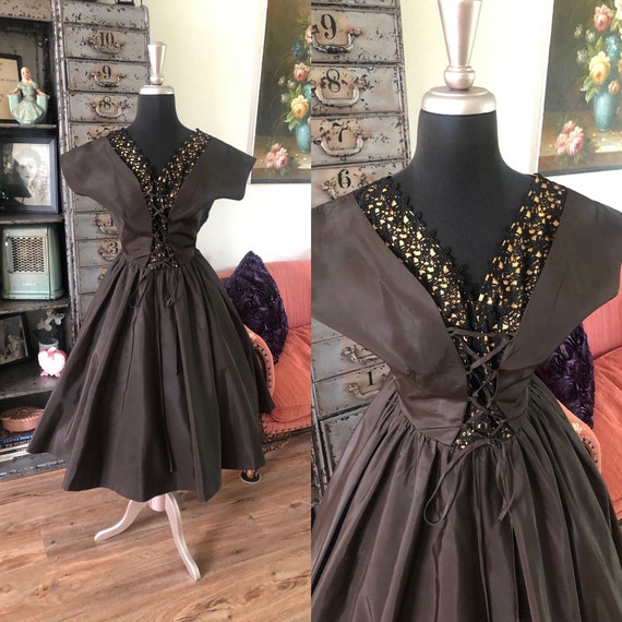 Vintage 1950's Chocolate Brown Taffeta Cocktail Dr