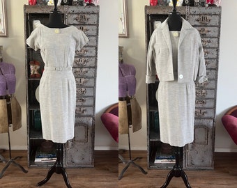 Vintage 1950's 60's Light Grey Dress and Jacket Small