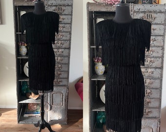 Vintage 1980's Black Body Con Tiered Fringe Dress XS/S