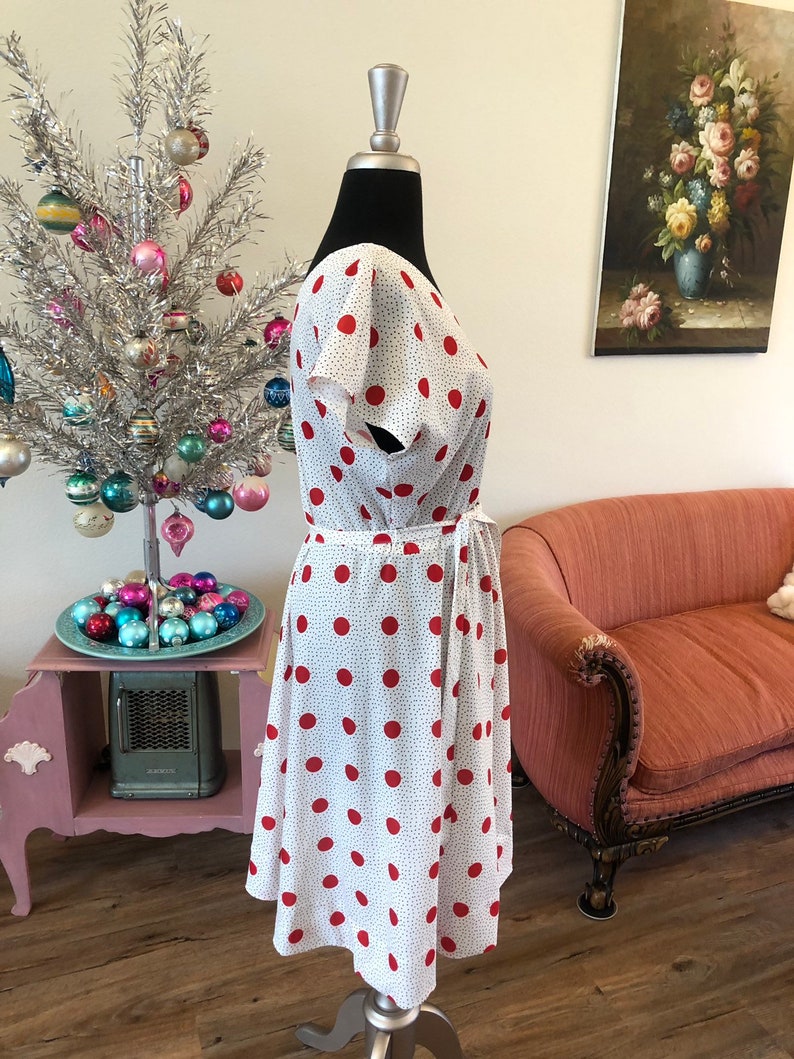 Vintage 1980/'s White and Red Polka Dot Dress LXL