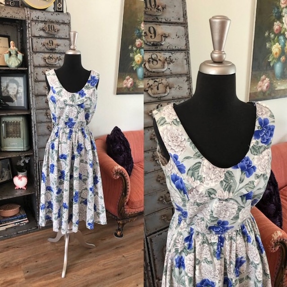 Vintage 1980's Gray and Blue Floral Print Dress M… - image 1