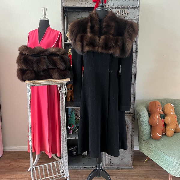 Vintage 1930's 40’s Black Wool Coat with Fox Fur Collar and Matching Muff Medium