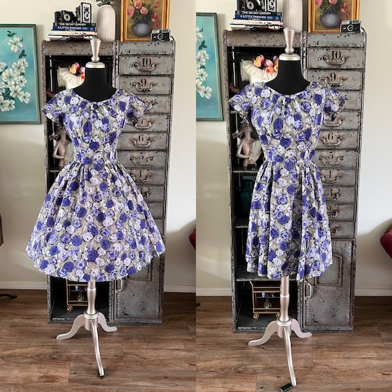 1960s Purple Floral Print Dress
