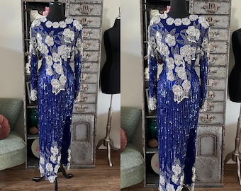 1980's Lillie Rubin Blue and Silver Sequin and Beaded Gown S/M