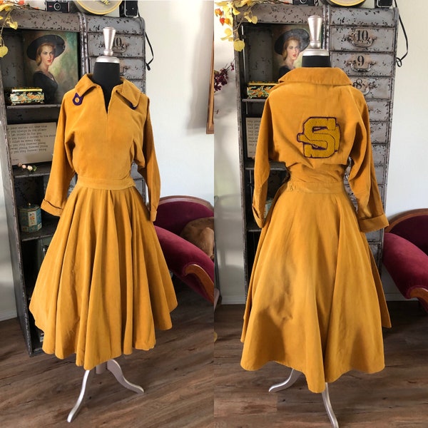 Vintage 1950's Yellow-Gold and Purple Cheerleader/Majorette Uniform XS