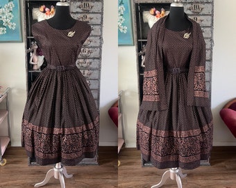 Vintage 1950's Black and Copper Cotton Dress with Border Print Small