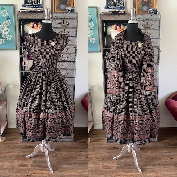 Vintage 1950's Black and Copper Cotton Dress with… - image 1