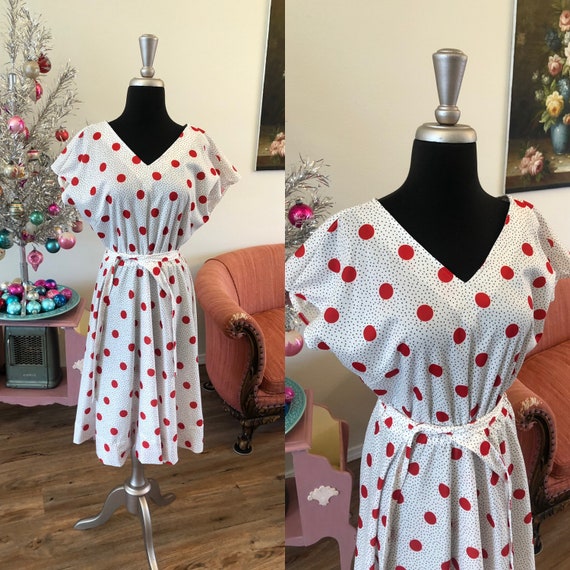 Vintage 1980's White and Red Polka Dot Dress Large