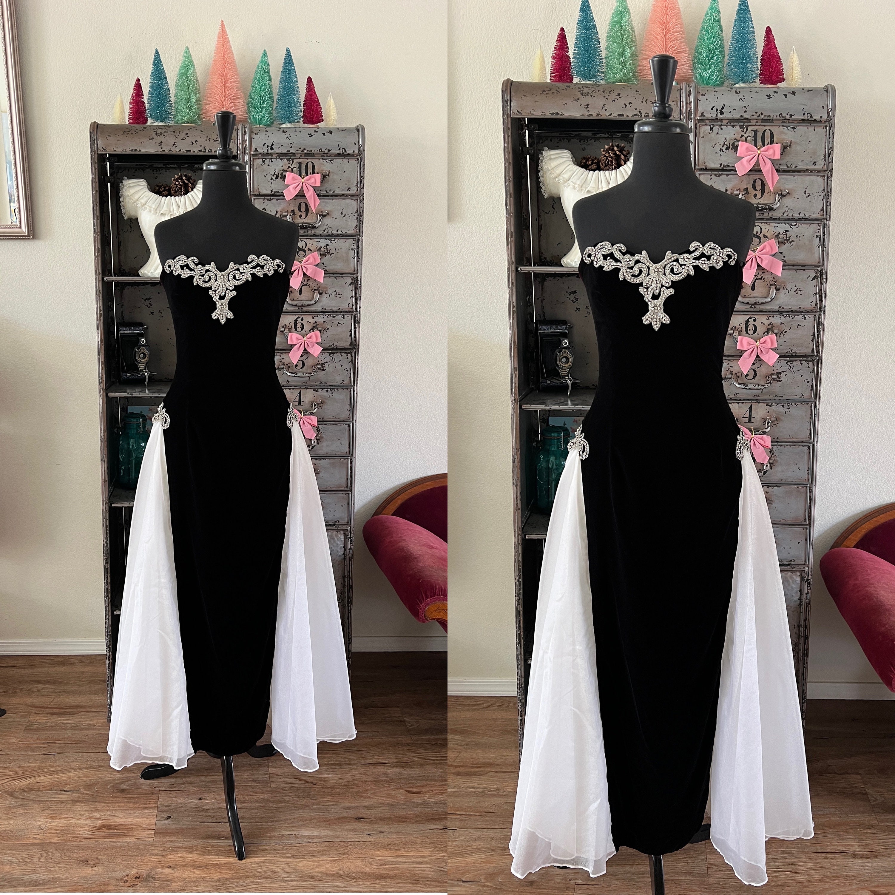 Vintage 1980's 90's Black and White Velvet Cocktail Dress Small/XS