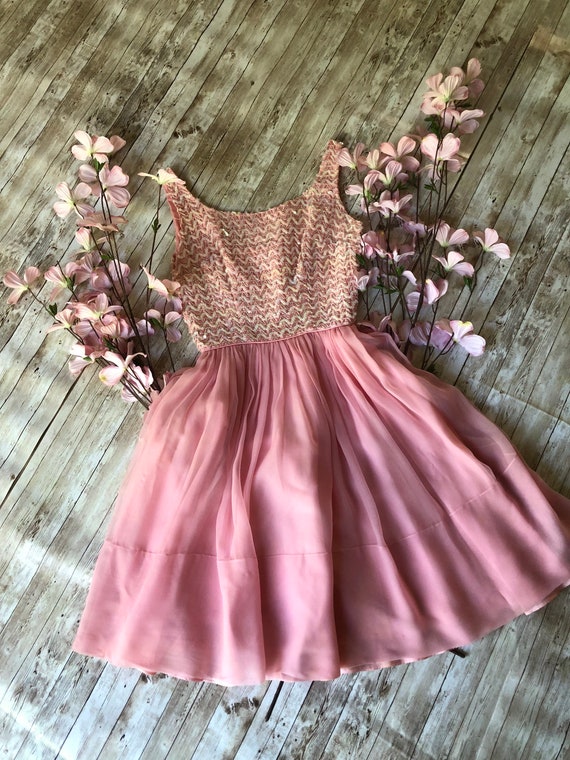 Vintage 1950's 60's Pink Cocktail Dress with Sequ… - image 2