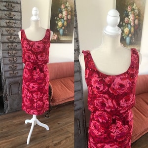 Vintage 1950's 60's Jerry Gilden Pink Rose Cocktail Dress XS