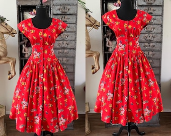Vintage 1990-tals Liz Claiborne röd bomullsklänning med blommönster, mellanstor