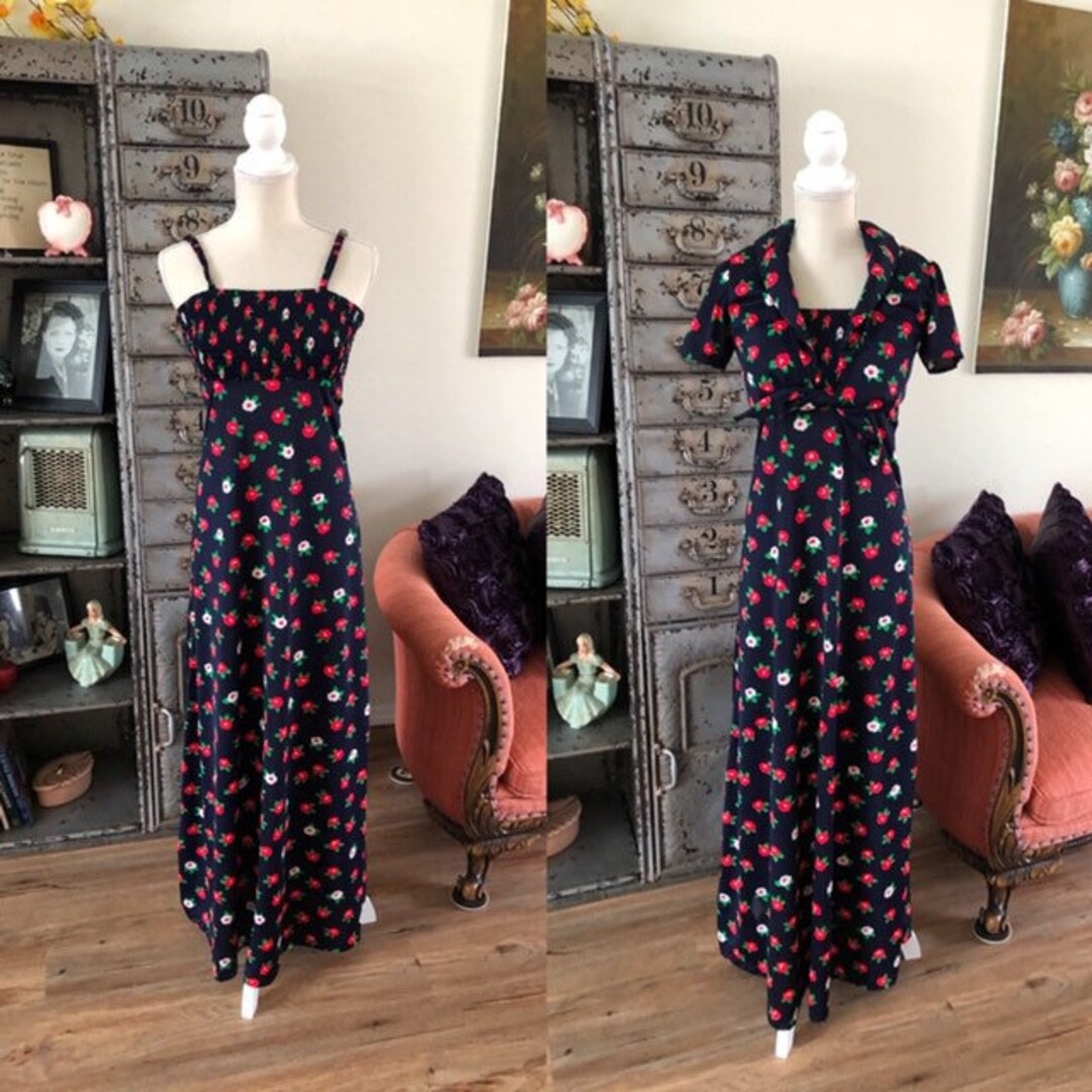 Vintage 70s Blue Red Yellow & White Floral Maxi Dress 10 12 main image 1