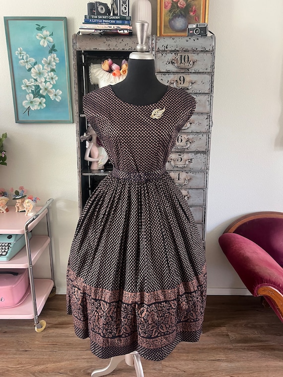 Vintage 1950's Black and Copper Cotton Dress with… - image 6
