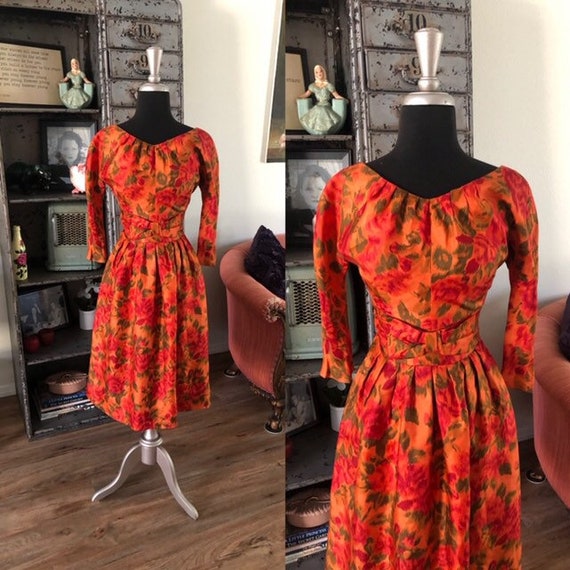 Vintage 1950's 60's Orange and Green Autumnal Dres