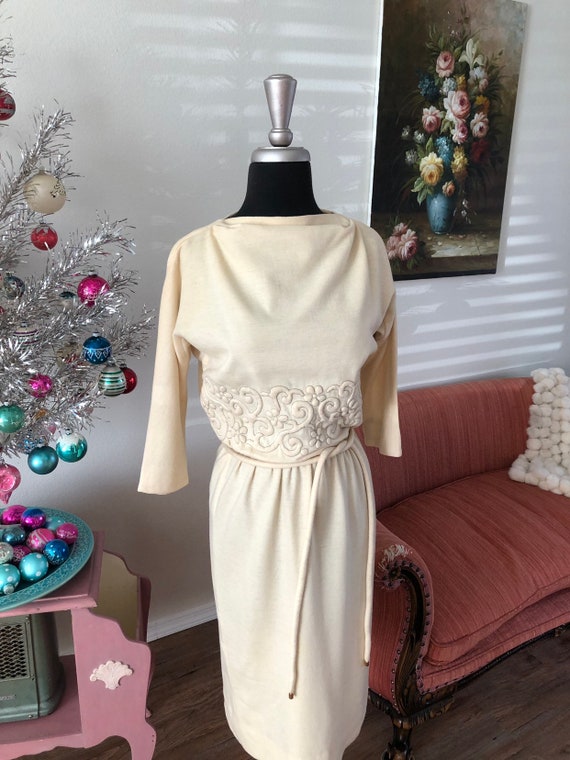Vintage 1950's 60's Cream Wool Fitted Dress Small - image 2