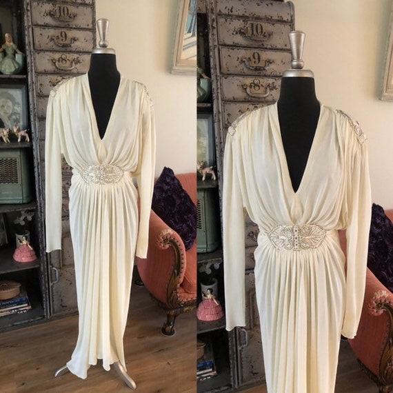 Vintage 1980's Off White Dynasty Gown with Beading