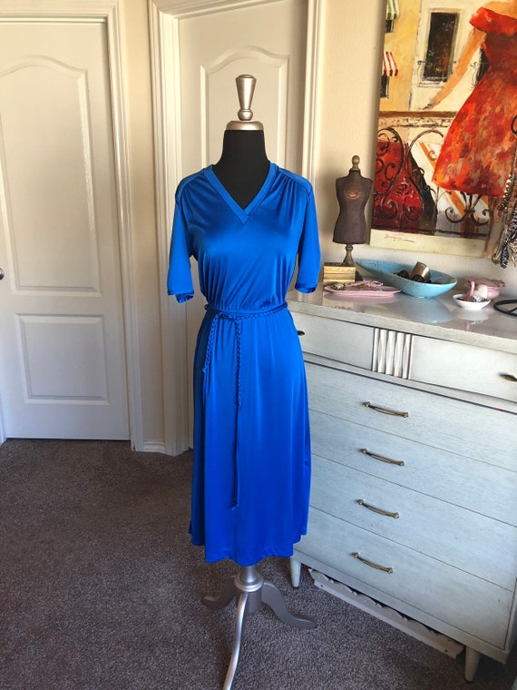 Vintage 1970's Royal Blue Day Dress Medium - image 3