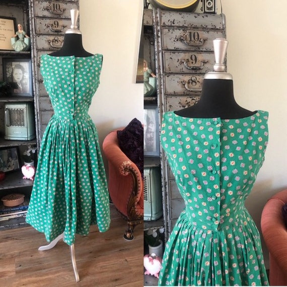 Vintage 1940's 50's Green Cotton Dress XS