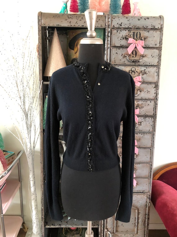 Vintage 1950's Black Cardigan Sweater with Sequin… - image 2